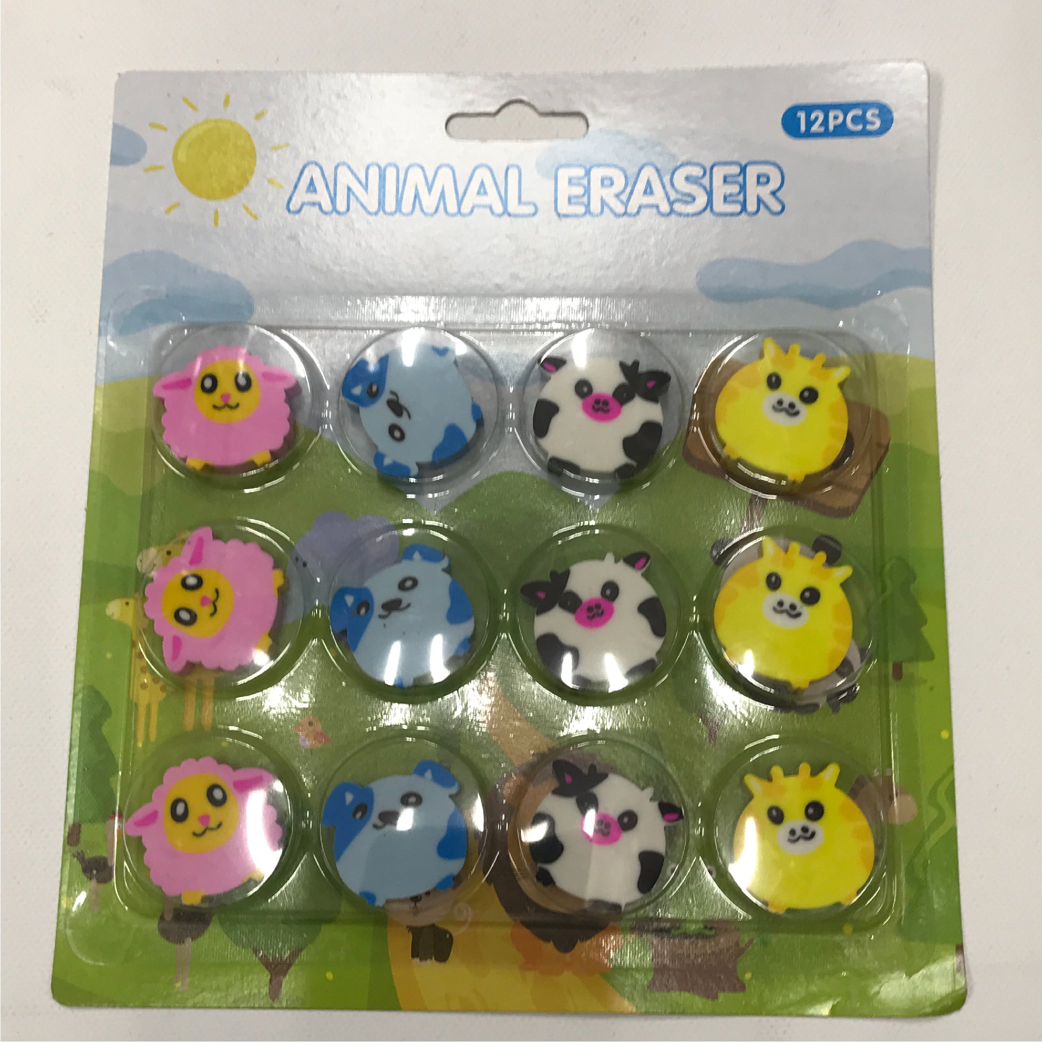 12 Animal Erasers Set - Cute Sheep, Cow, Giraffe, and Koala Designs