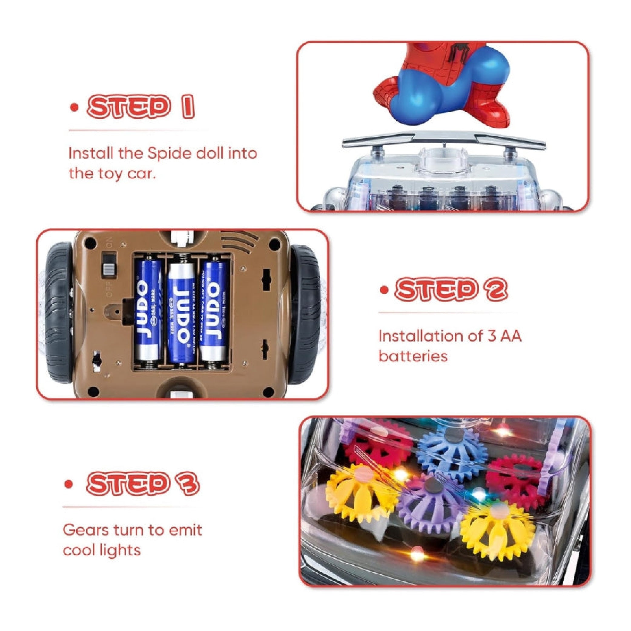 360° Rotating Spiderman Toy Car with LED Lights