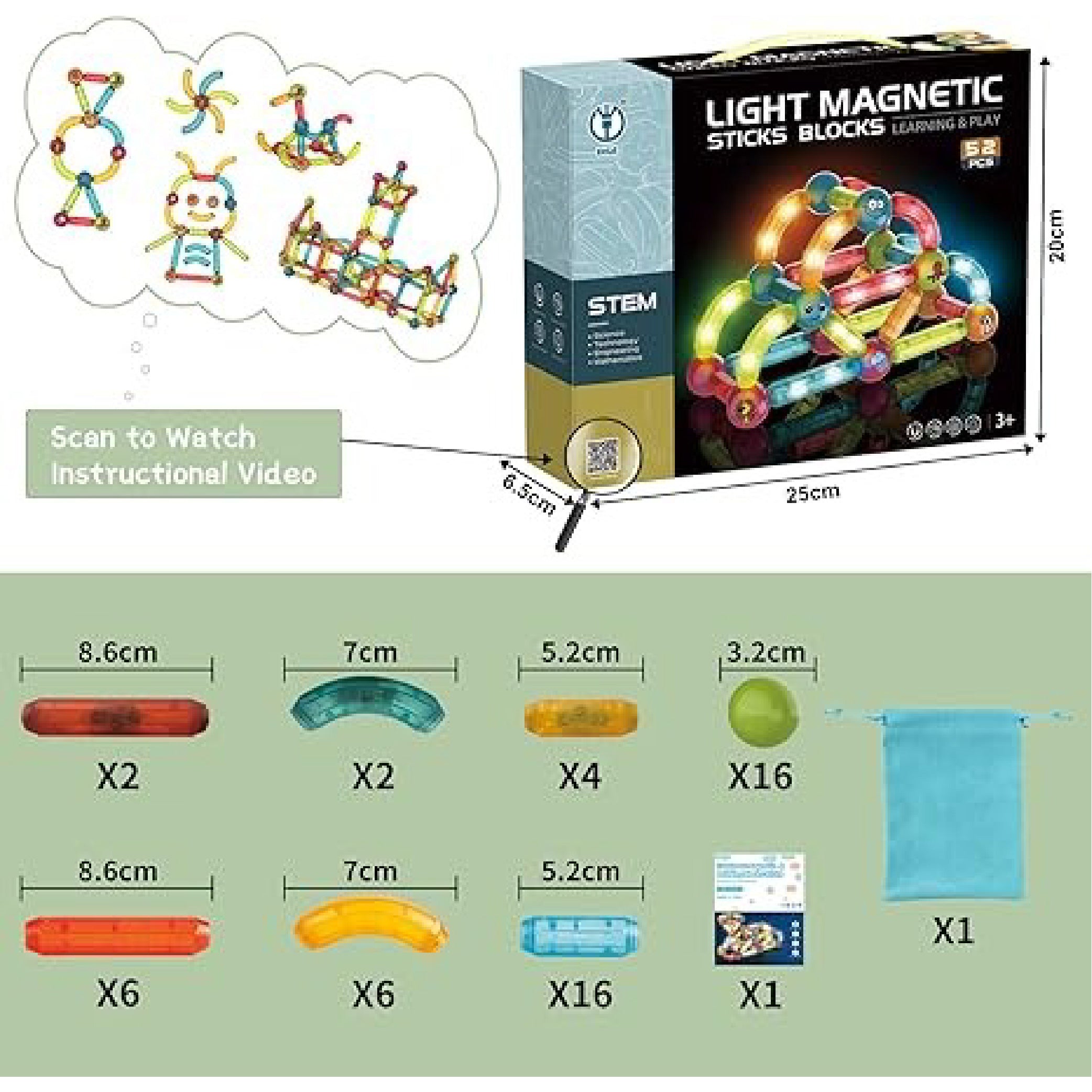 52-Piece Light-Up Magnetic Sticks & Blocks Set – STEM Building Kit for Kids