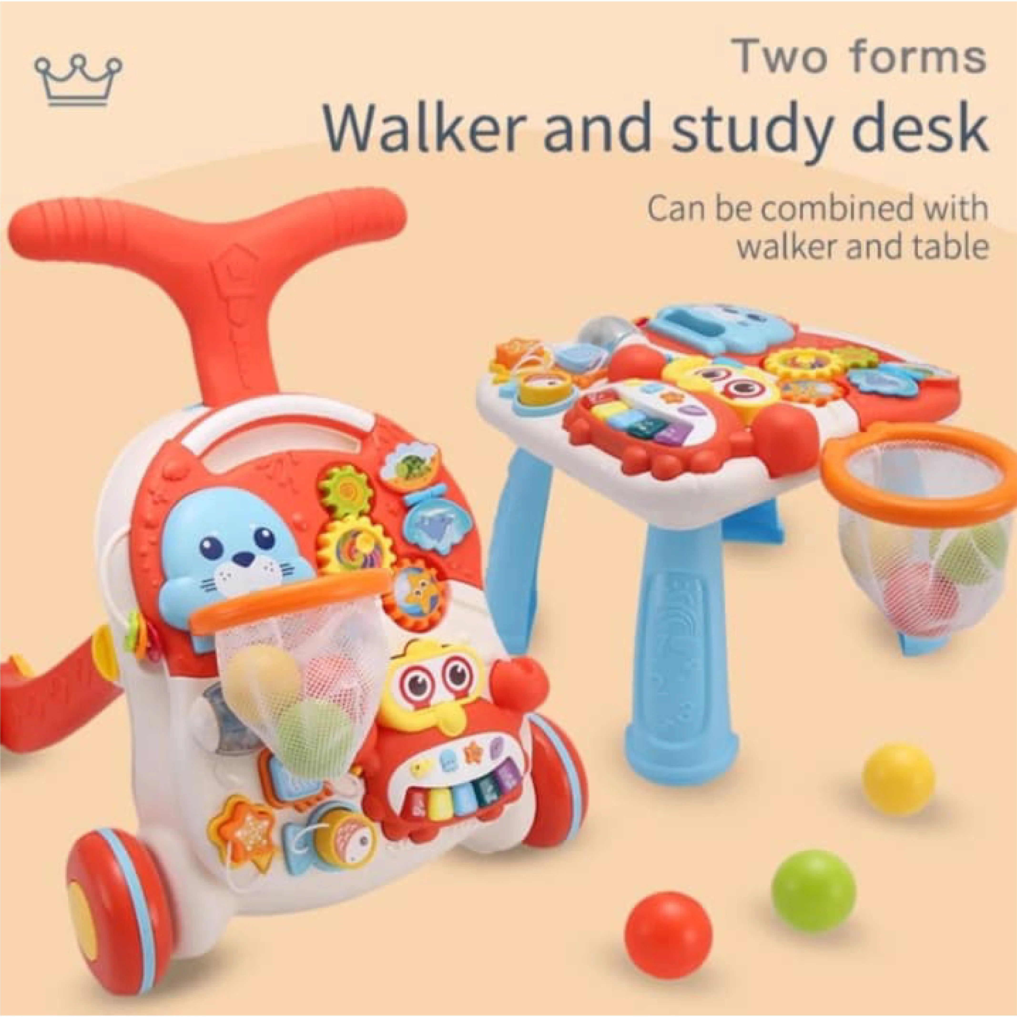Huanger 2-in-1 Baby Walker and Activity Table - Infant Push Walker Toy with Wheels and Seat