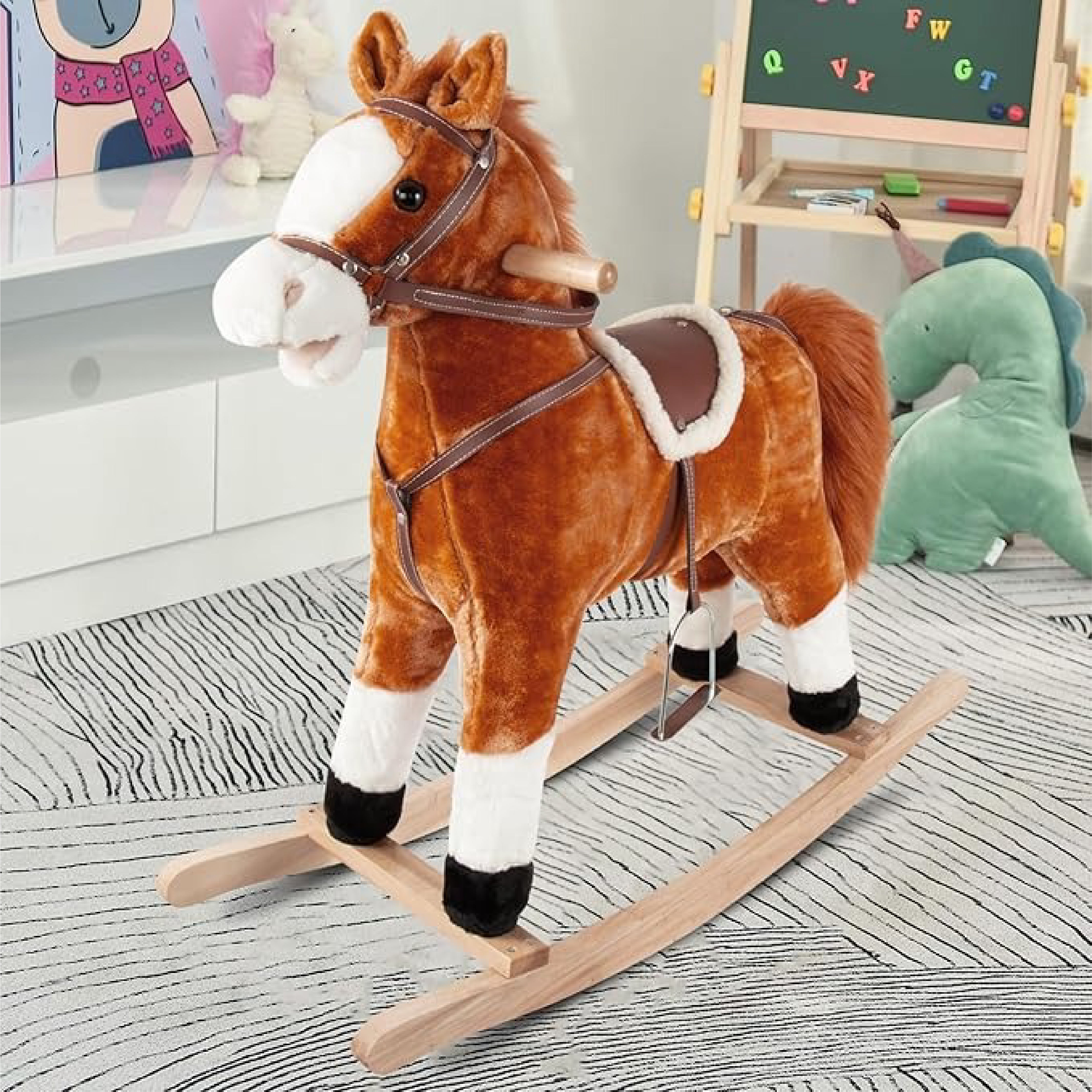 Alpha Kids Rocking Horse - Soft Plush Ride-On with Wooden Base and Removable Bandana