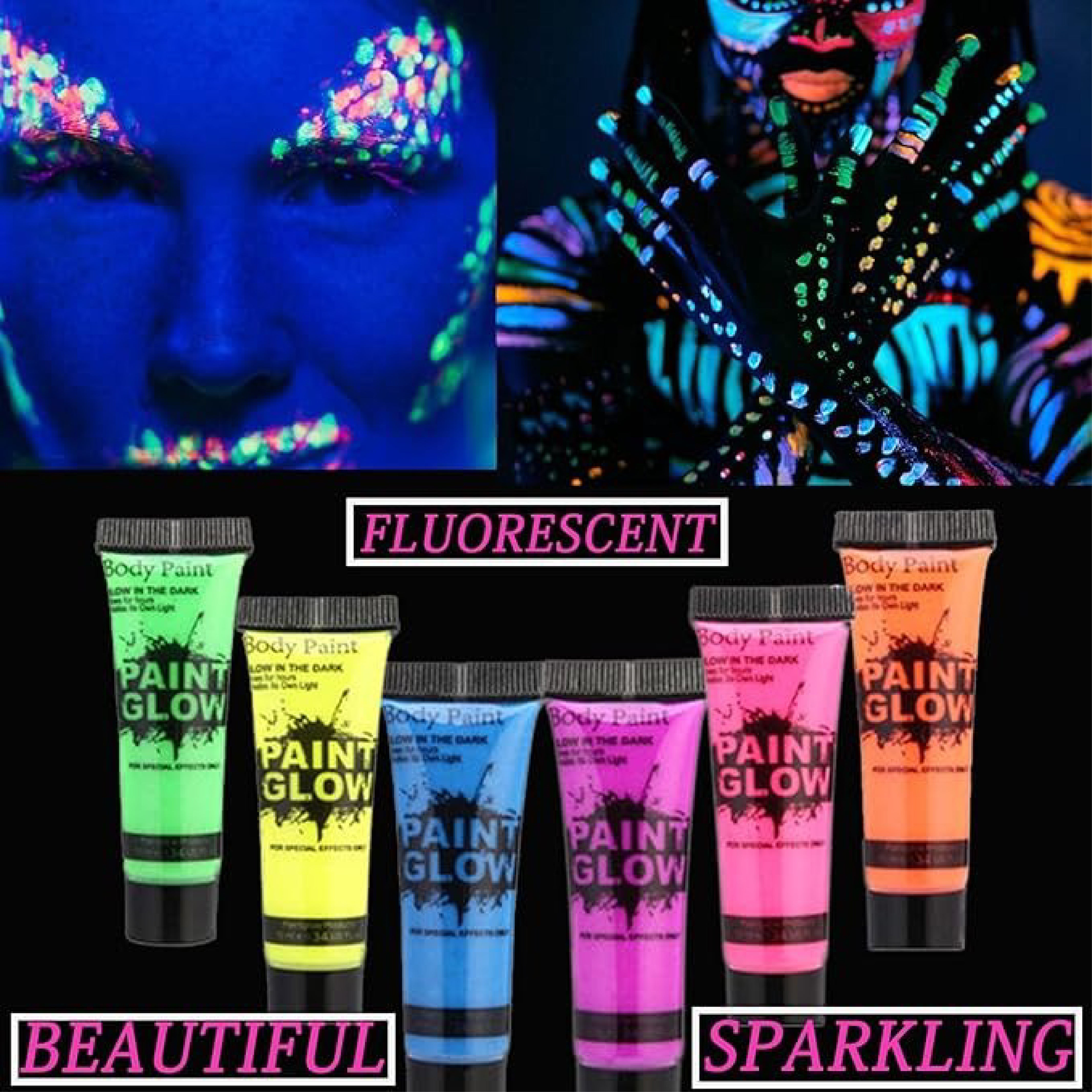 Glow in the Dark Paint - Super Bright Fluorescent Body Art, 6 Color Set