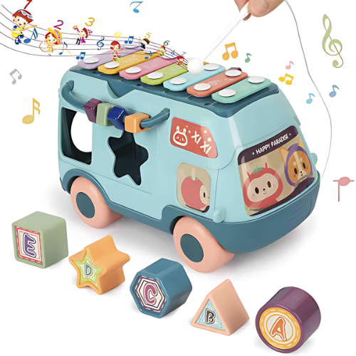 Music Xylophone Bus Toy – Educational Shape Sorting & Bead Blocks for Babies