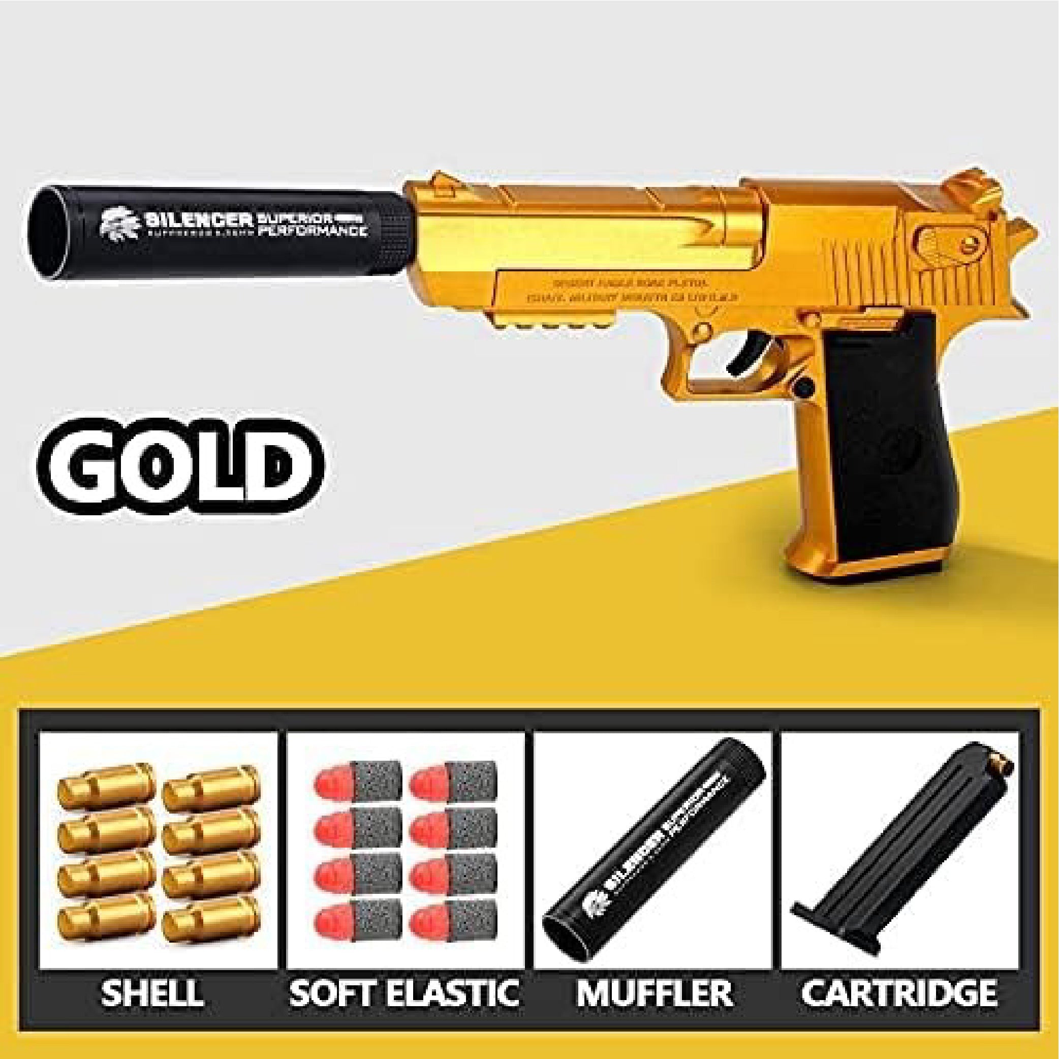 Desert Eagle Gold Toy Gun – Realistic Foam Dart Blaster with Silencer and Magazine