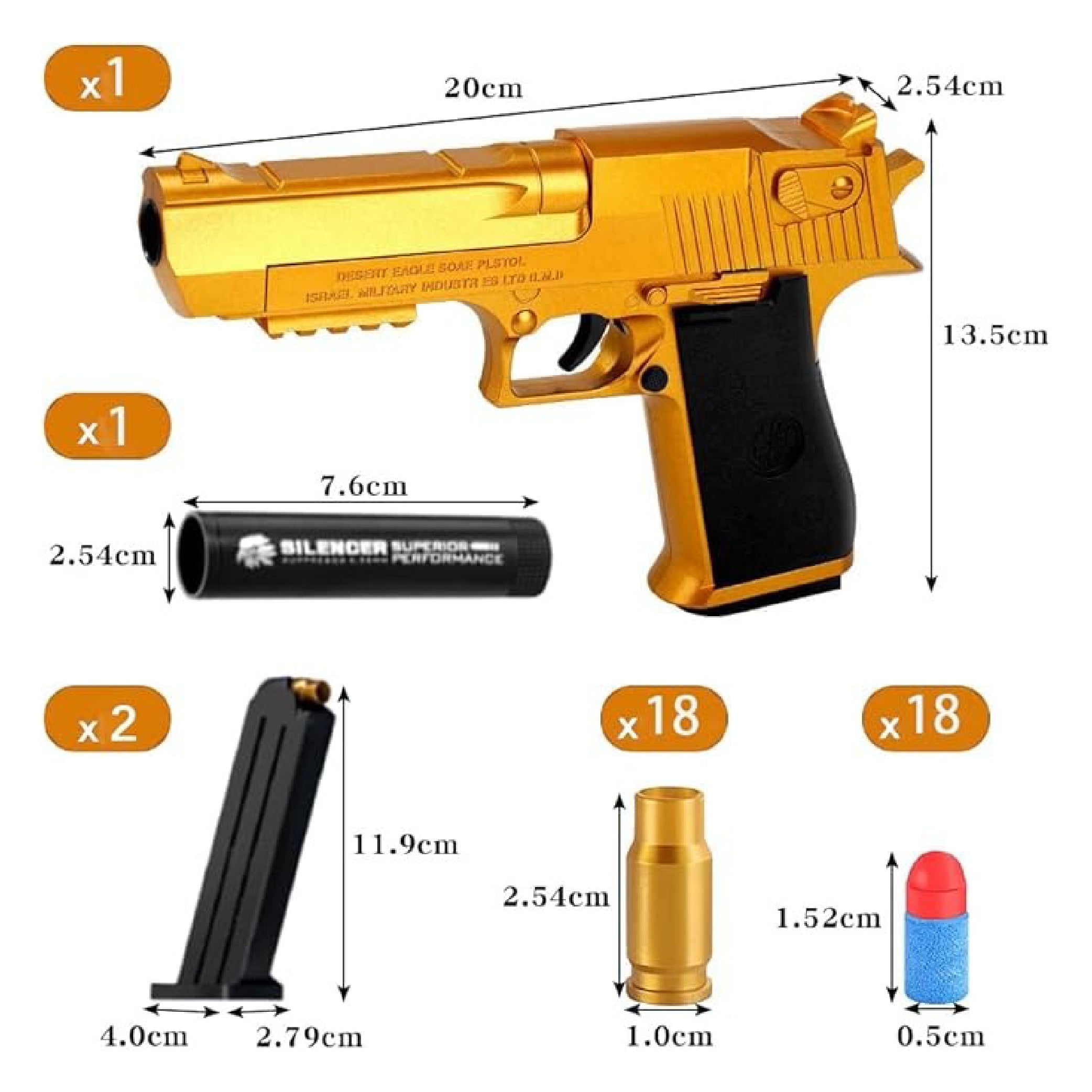 Desert Eagle Gold Toy Gun – Realistic Foam Dart Blaster with Silencer and Magazine