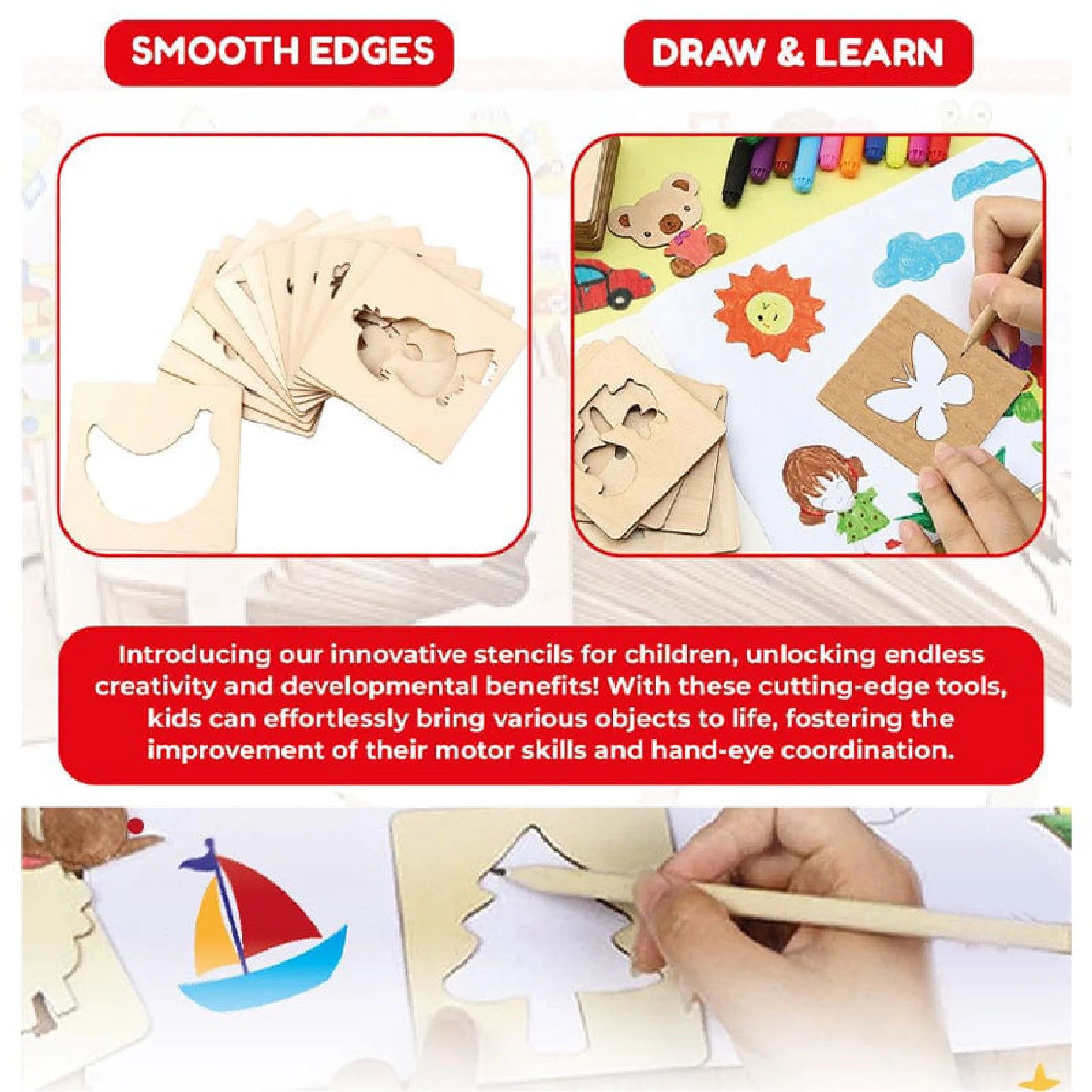 DIY Wooden Stencils Drawing Kit – 24 Pieces with Colors – Smart Toys
