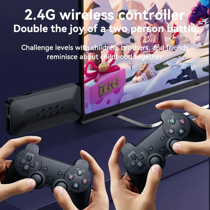 Two hands holding gaming controllers with a TV screen displaying a child playing with a toy, text about 2.4G wireless controller and two-person gaming. M33 3D 4K Game Stick with 2.4G Wireless Controllers