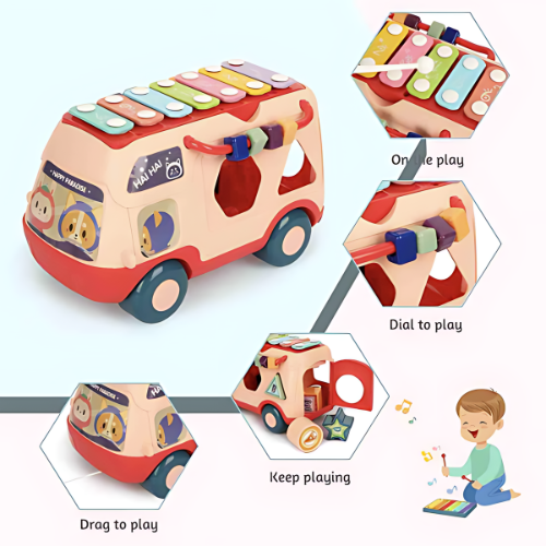 Music Xylophone Bus Toy – Educational Shape Sorting & Bead Blocks for Babies