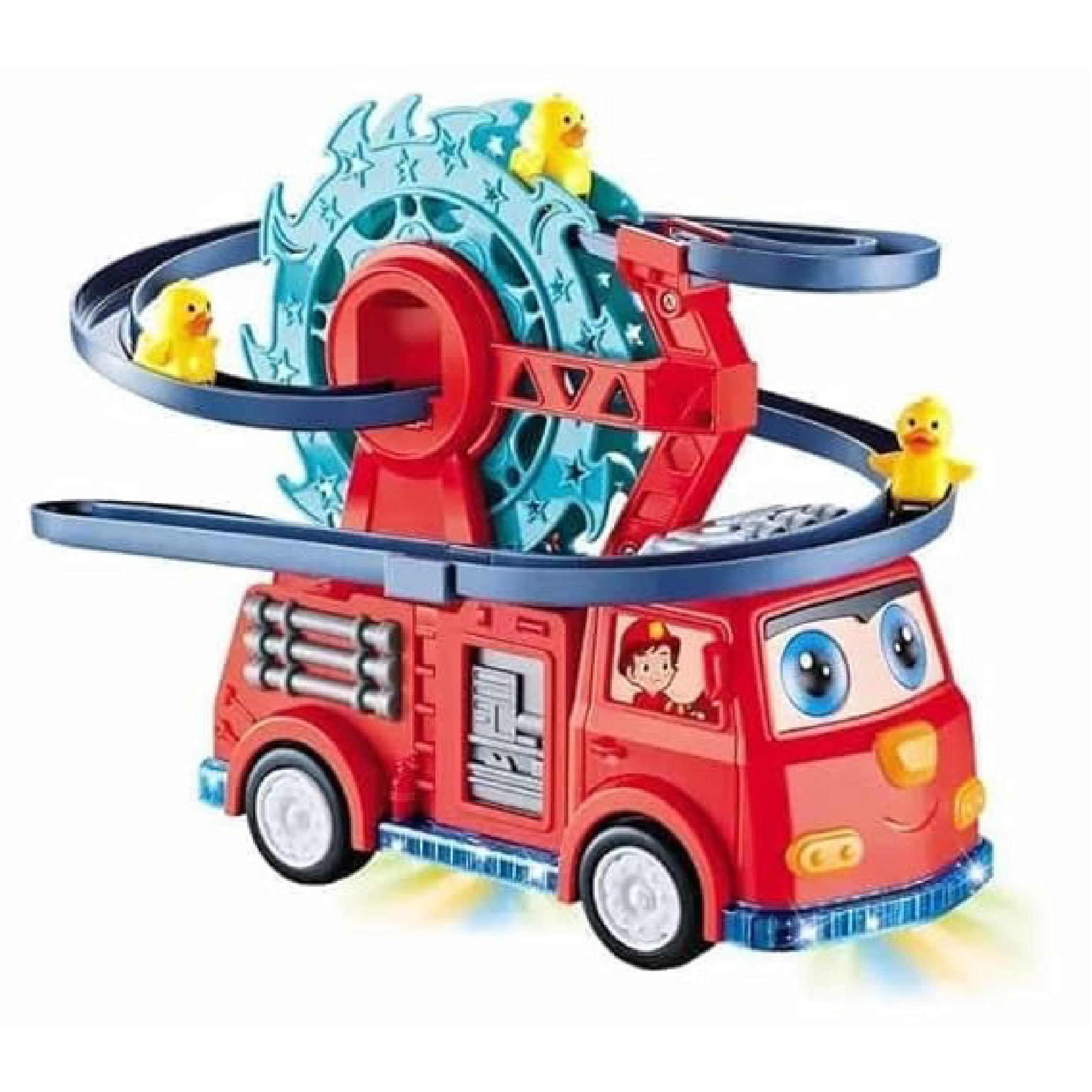 Fire Rail Car Duck Swivel Slide Toy - Interactive Light & Sound Fire Truck