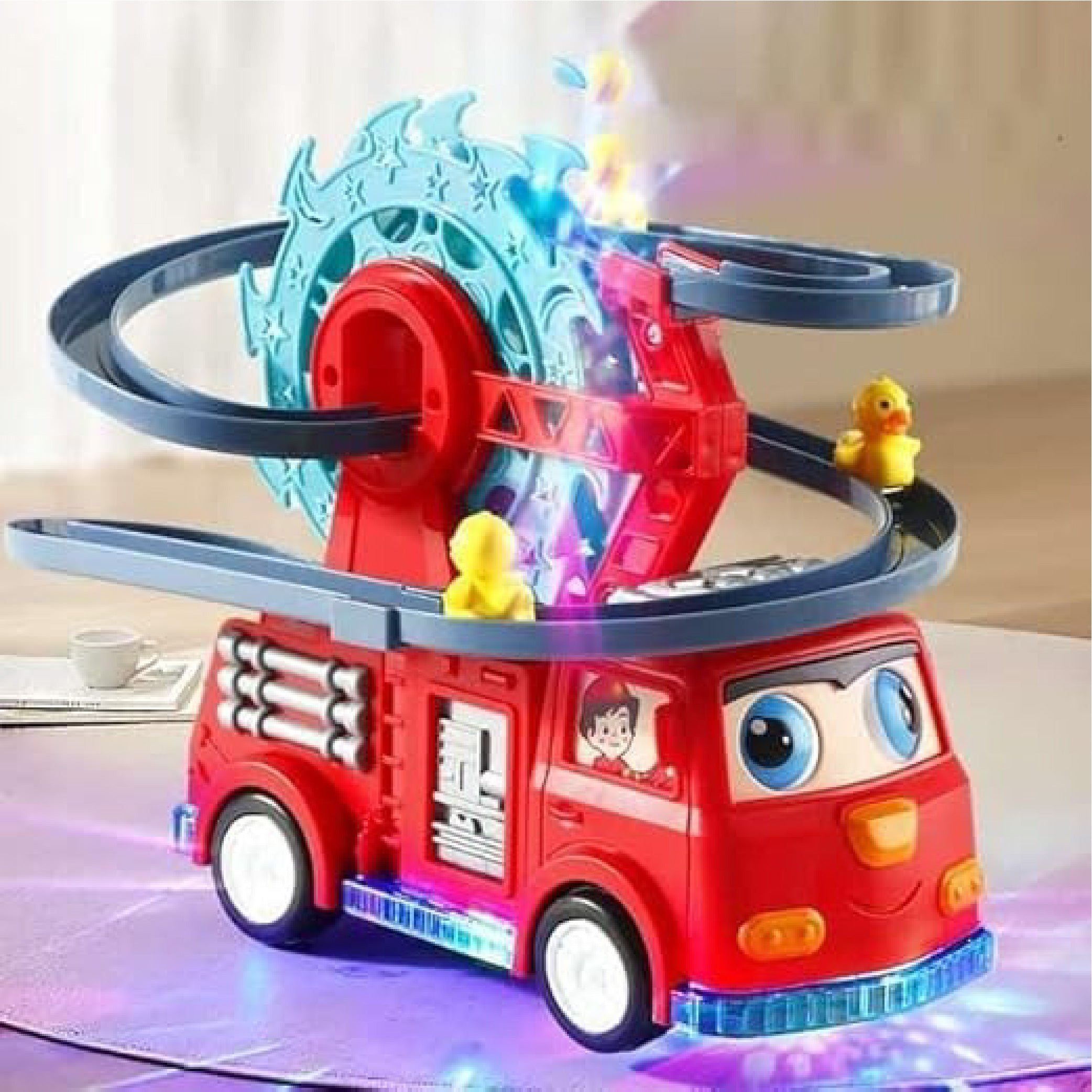 Fire Rail Car Duck Swivel Slide Toy - Interactive Light & Sound Fire Truck