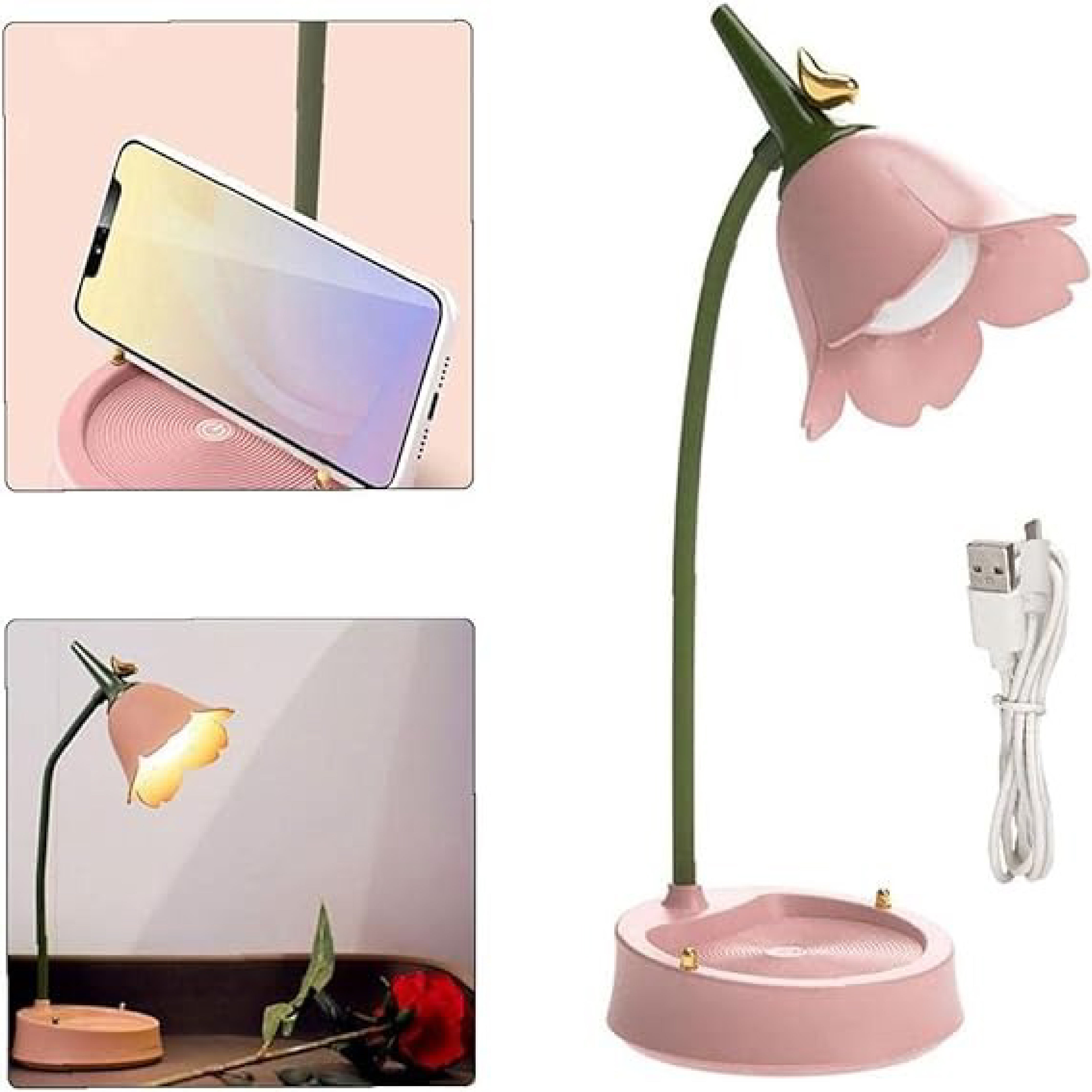 Flower LED Desk Lamp with USB - Pink Desk Light for Eye Protection and Adjustable Brightness