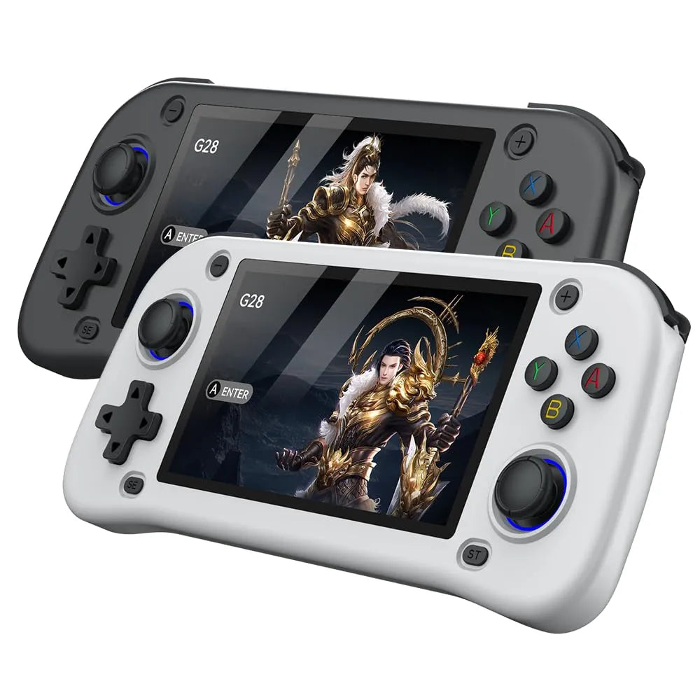 Two handheld gaming consoles, one black and one white, displaying a character - 