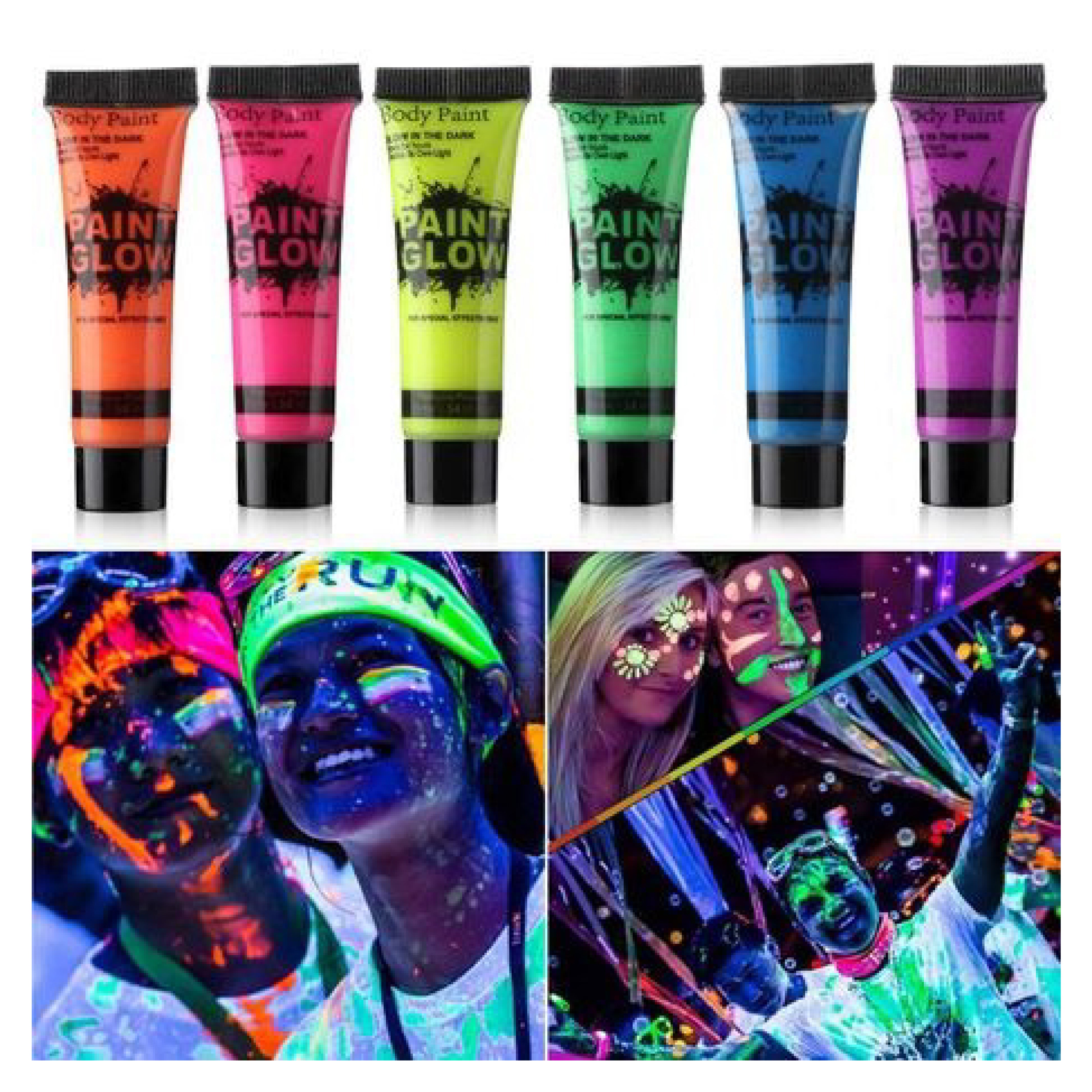 Glow in the Dark Paint - Super Bright Fluorescent Body Art, 6 Color Set