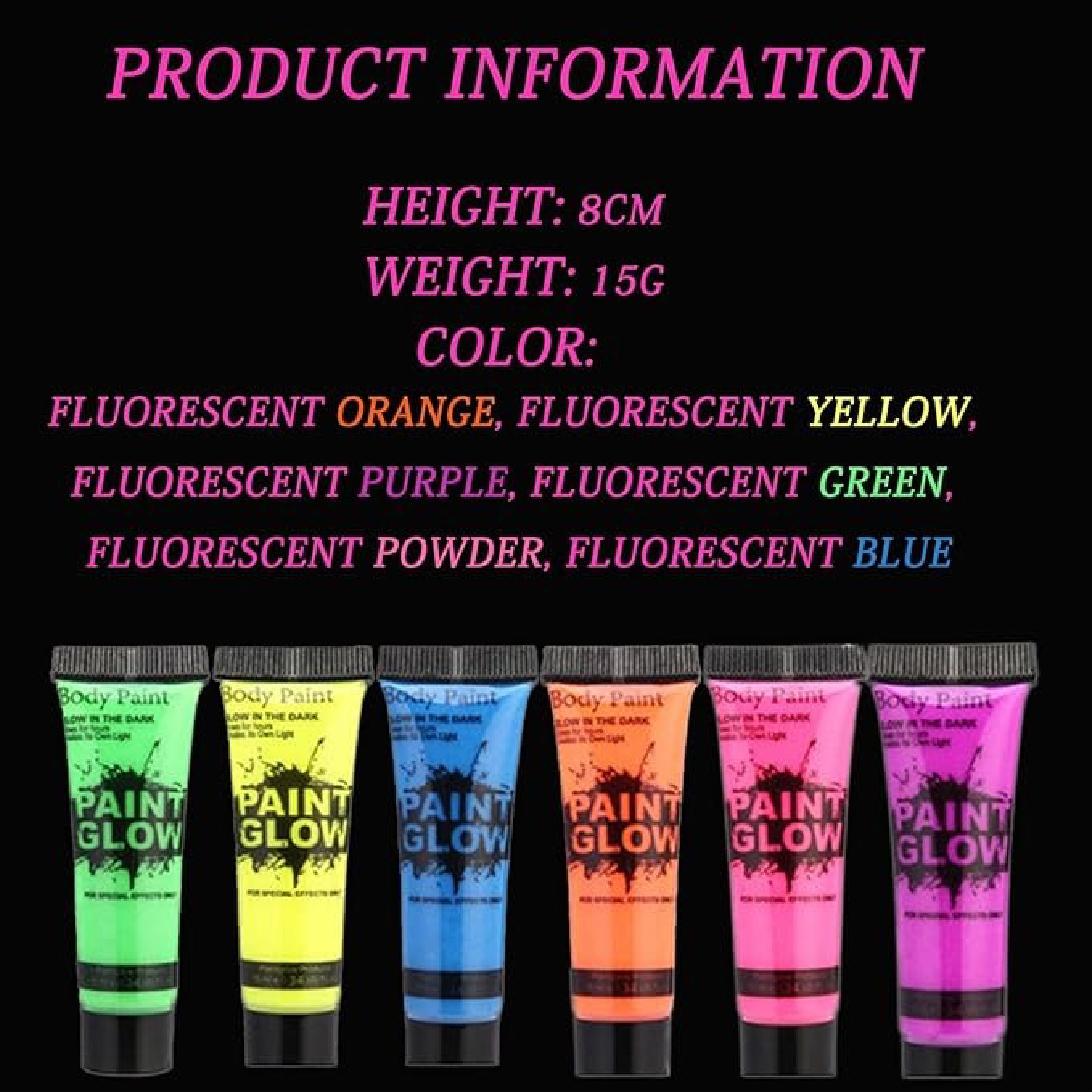 Glow in the Dark Paint - Super Bright Fluorescent Body Art, 6 Color Set