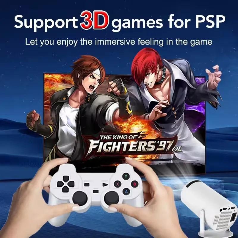 Hands holding a gaming controller with 'The King of Fighters 97' game displayed on a screen. HY00 4K Retro Game Console with Dual 2.4G Wireless Controllers