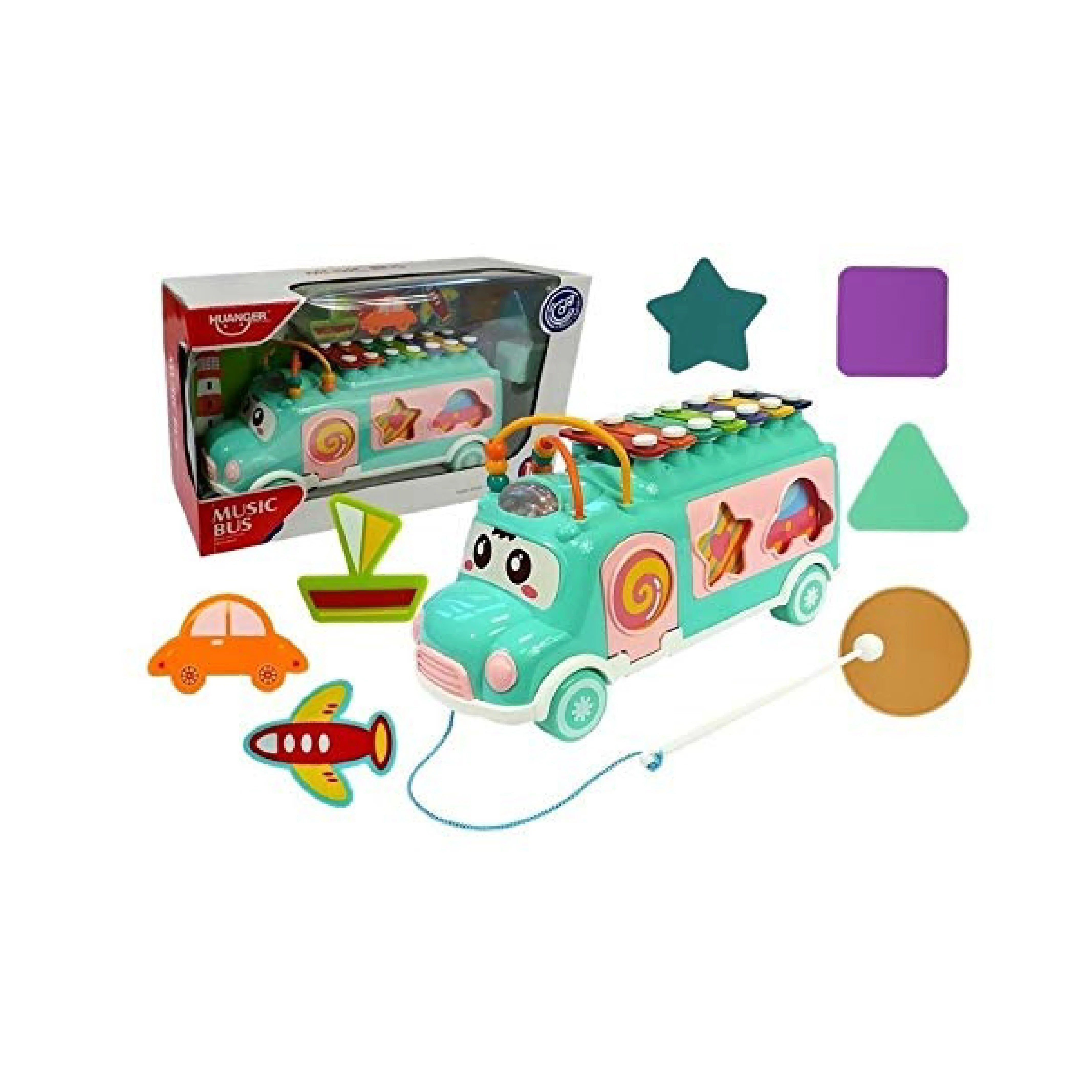 Hunger X Bus - Musical Xylophone Bus Toy with Knocking Piano, Beads, Blocks, and Shape Sorting for Learning