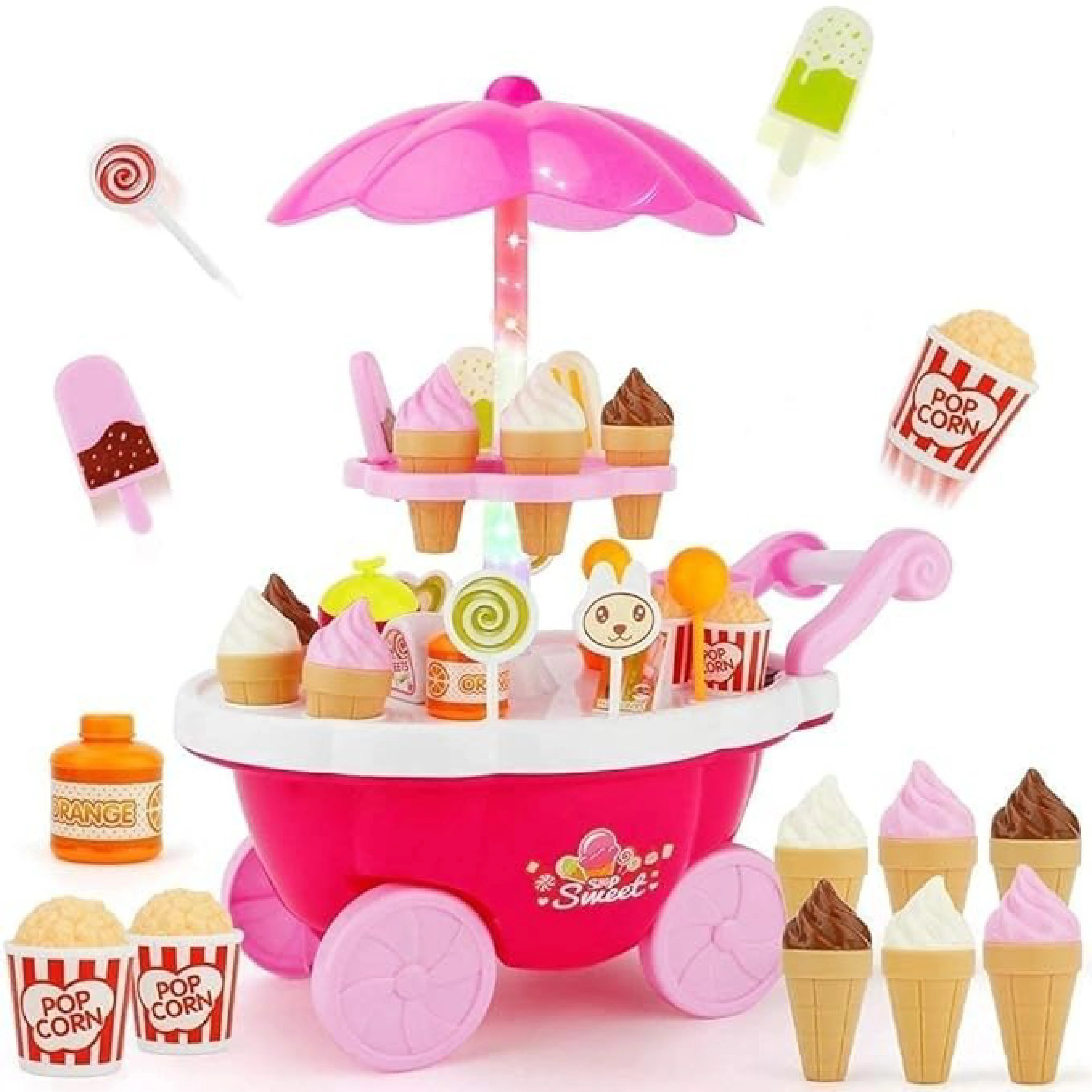 Ice Cream Trolley Set 668-91 - Mini Rotating Ice Cream Truck with Sound and Lights for Pretend Play