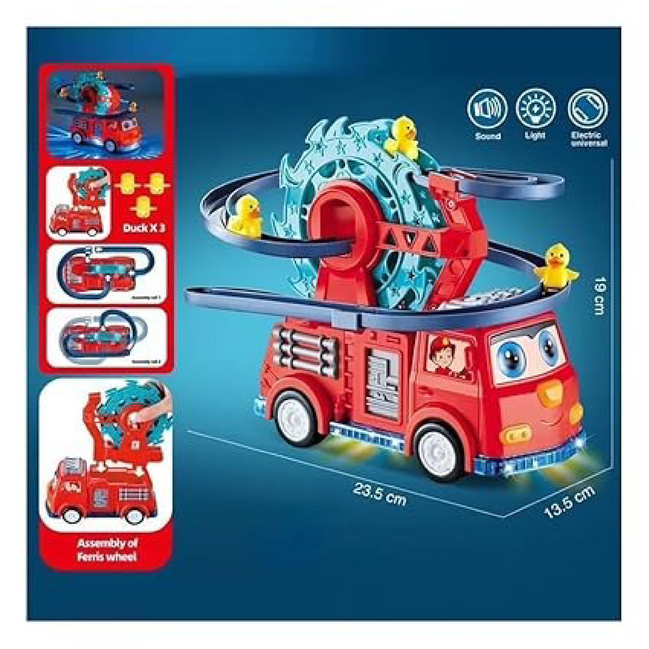 Fire Rail Car Duck Swivel Slide Toy - Interactive Light & Sound Fire Truck