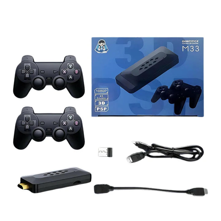 Two black gaming controllers, a cable, and a box labeled 'M33' 4K HDMI Game Stick for Kids and Adults – M33 Model
