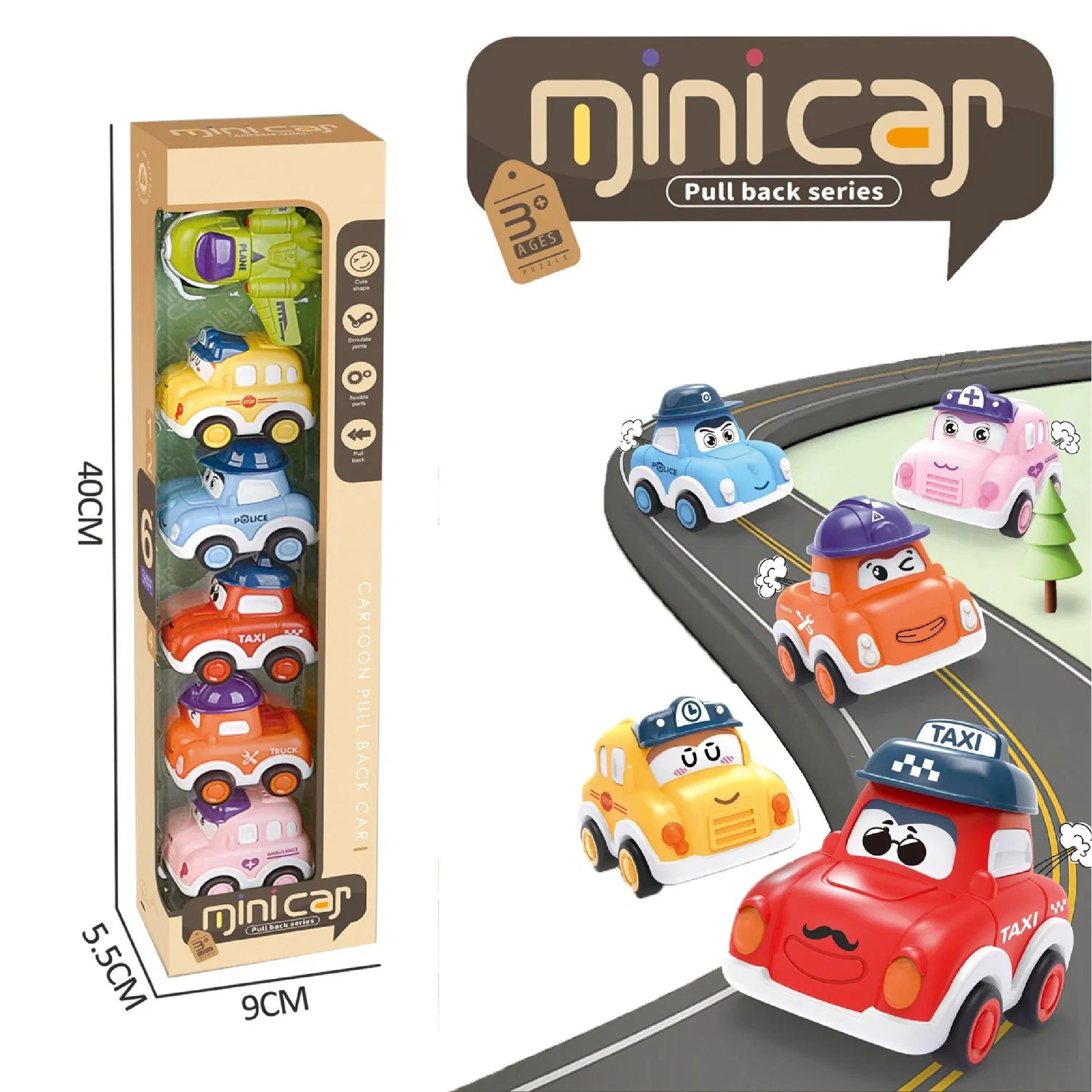 Mini Car Pull Back Series - Set of 6 Cartoon Vehicles for Kids