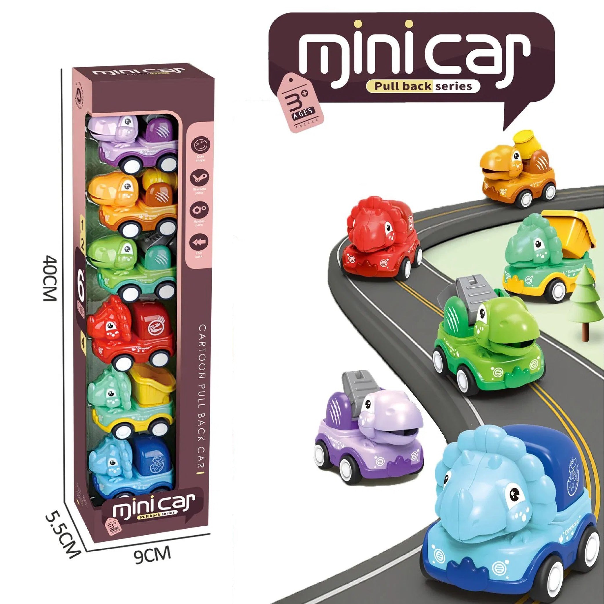 Mini Car Pull Back Series - Set of 6 Cartoon Vehicles for Kids