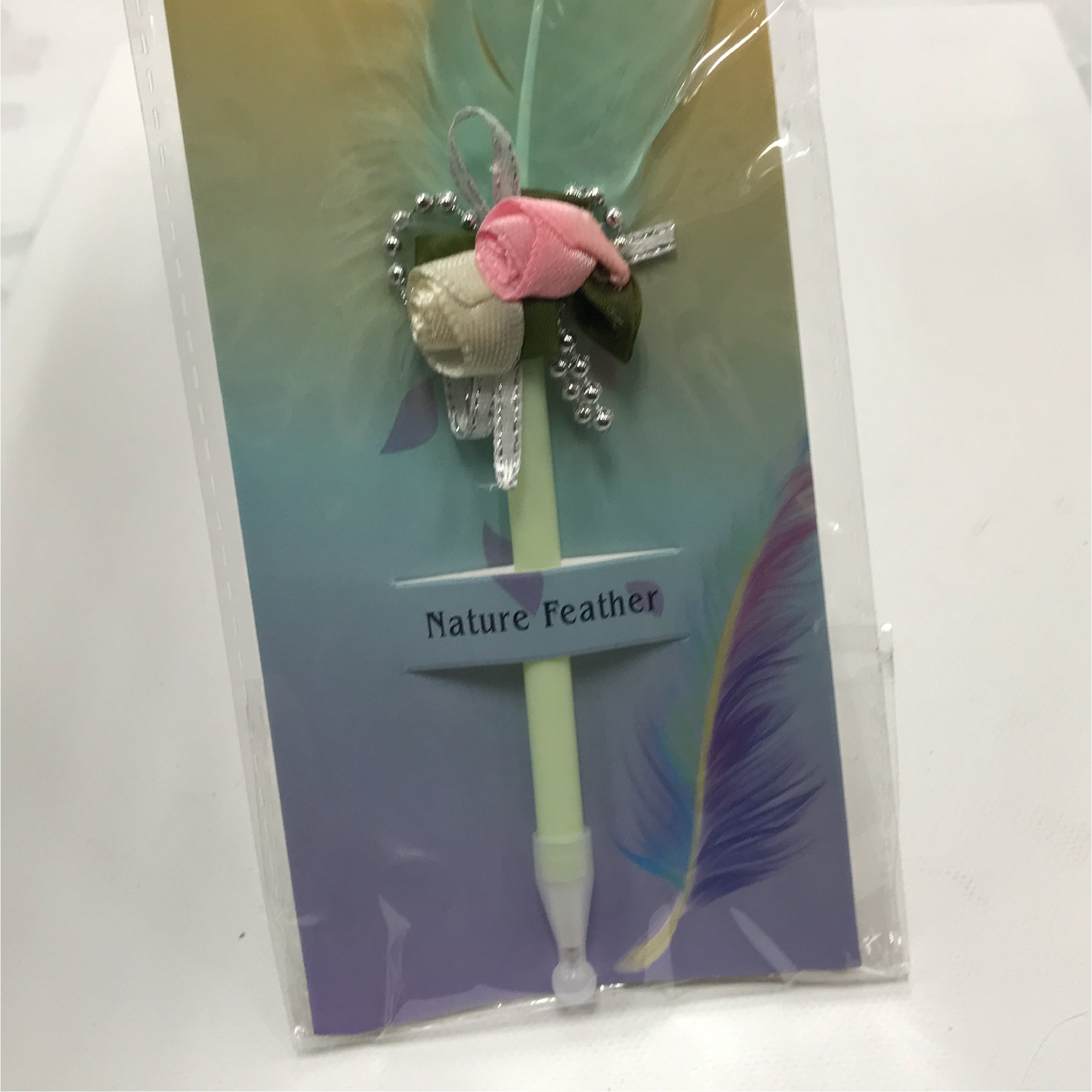 Nature Feather Decorative Pen - Elegant Feather Design with Ribbon and Floral Accent