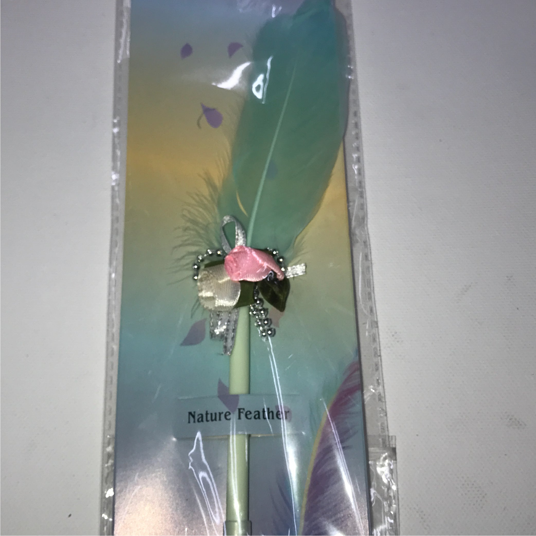 Nature Feather Decorative Pen - Elegant Feather Design with Ribbon and Floral Accent