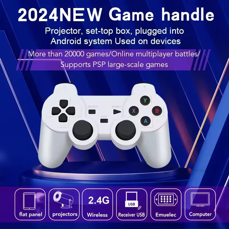 White gaming controller with promotional text about 2024 new game handle on a blue and purple background - Plug & Play HY00 GameBox – 20,000+ Built-in Games