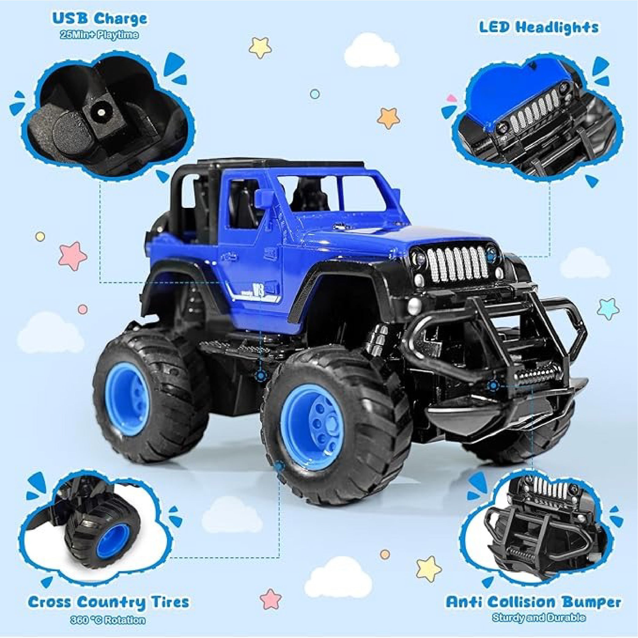 Remote Control Monster Truck Toy - USB Rechargeable with LED Headlights