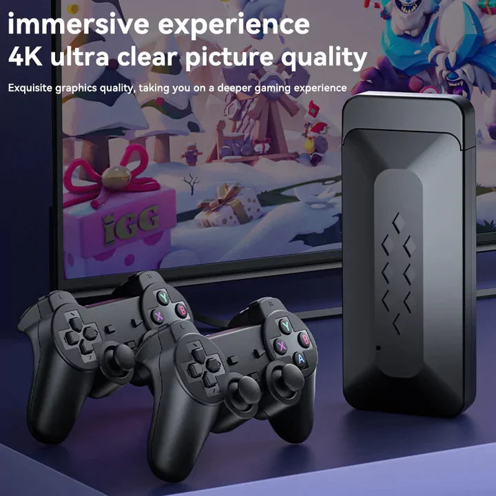 Gaming console with controllers and a screen displaying a colorful game, emphasizing immersive experience and 4K ultra clear picture quality.