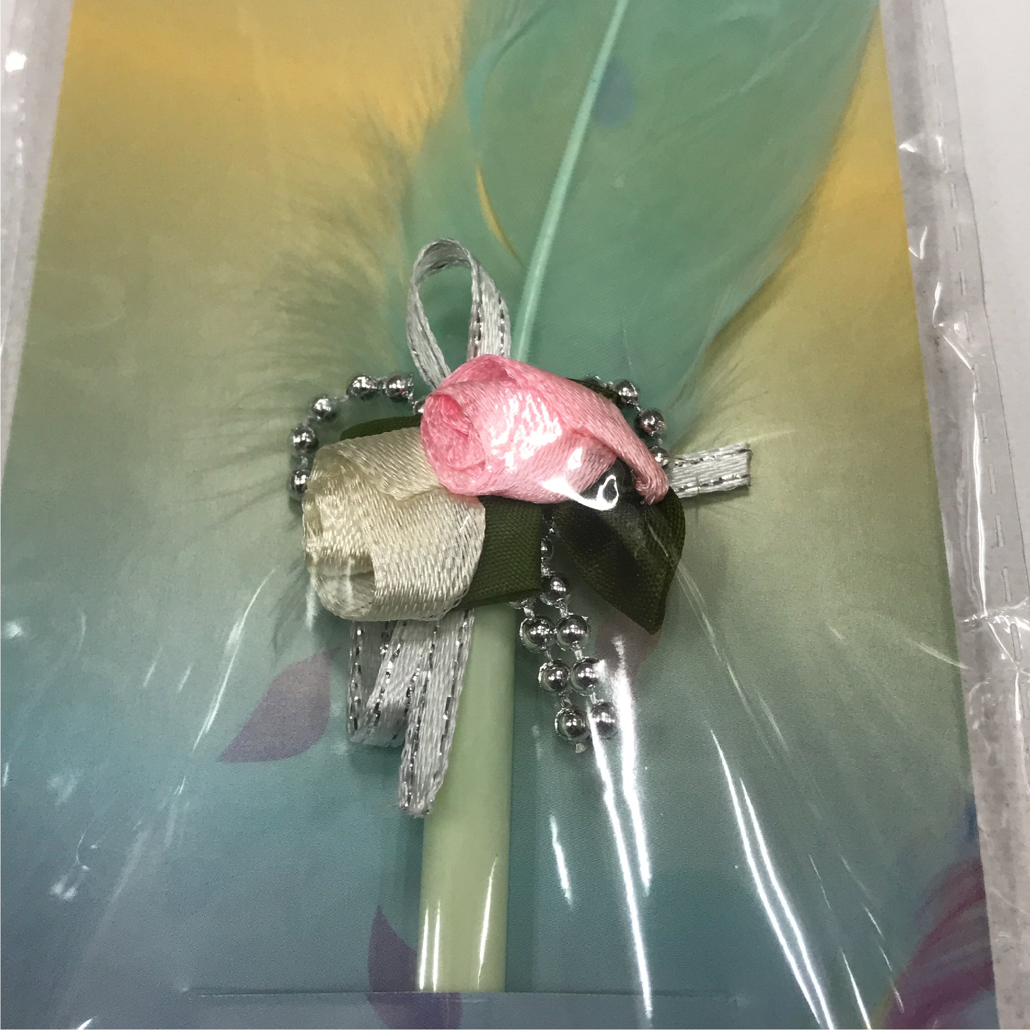 Nature Feather Decorative Pen - Elegant Feather Design with Ribbon and Floral Accent