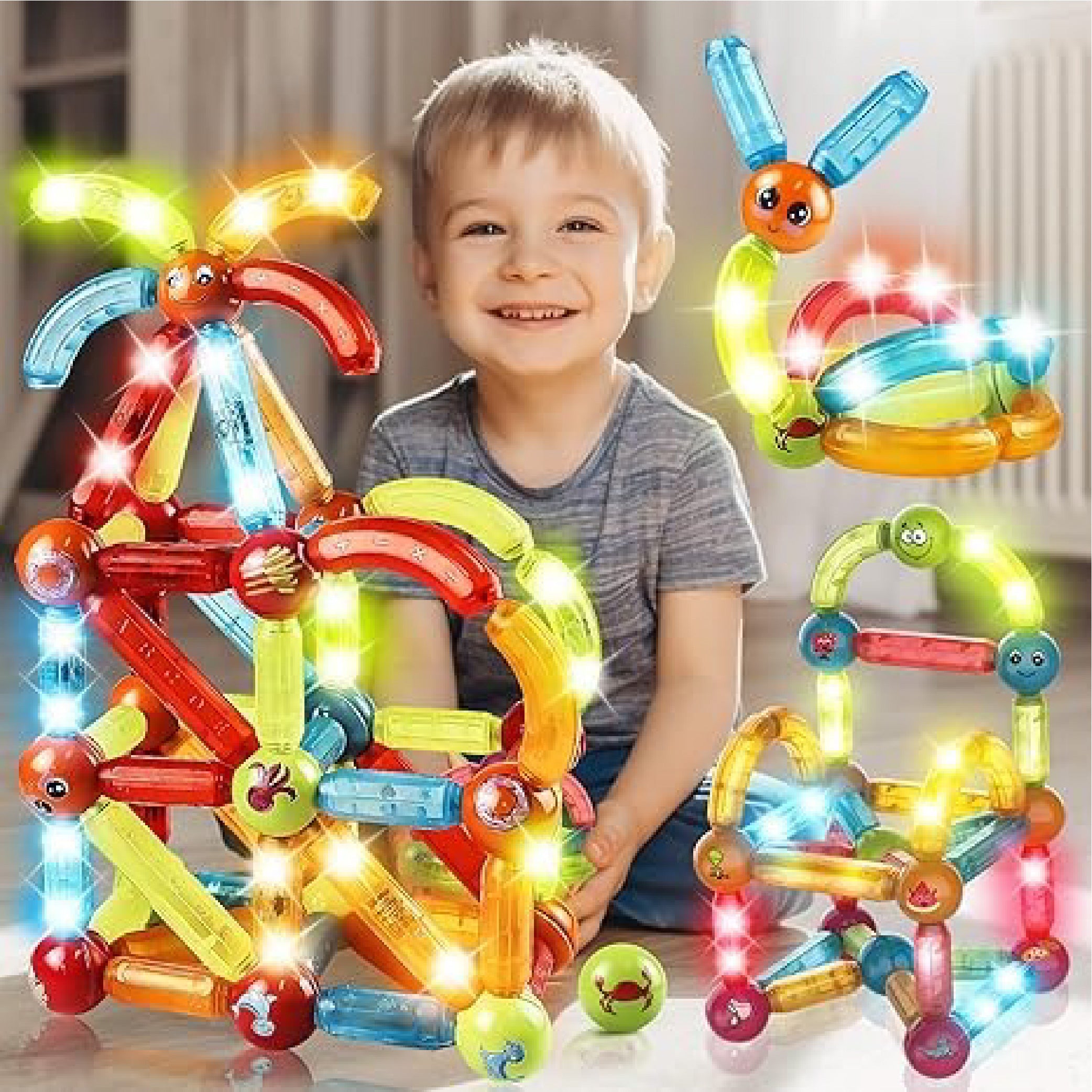 52-Piece Light-Up Magnetic Sticks & Blocks Set – STEM Building Kit for Kids