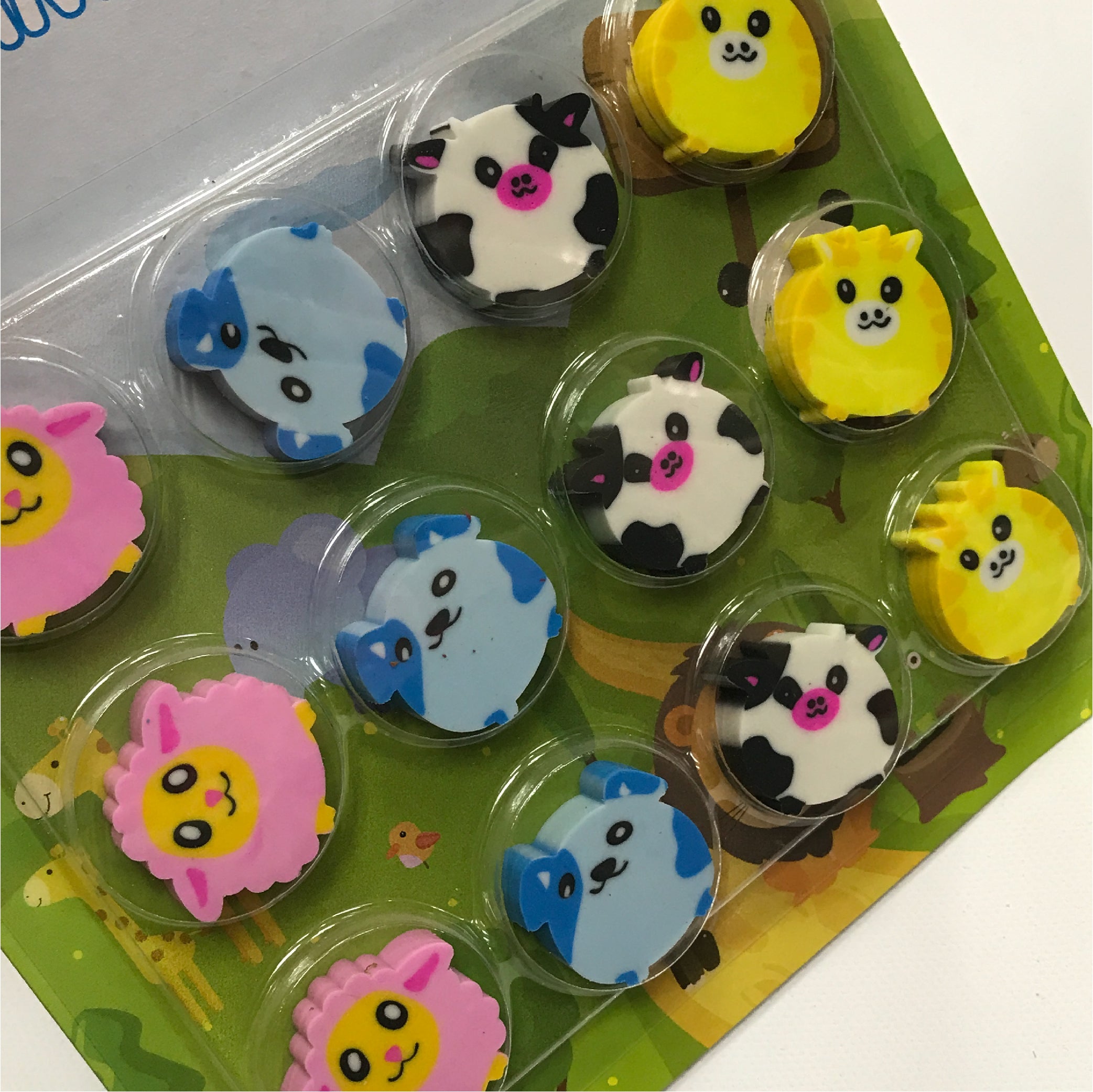 12 Animal Erasers Set - Cute Sheep, Cow, Giraffe, and Koala Designs