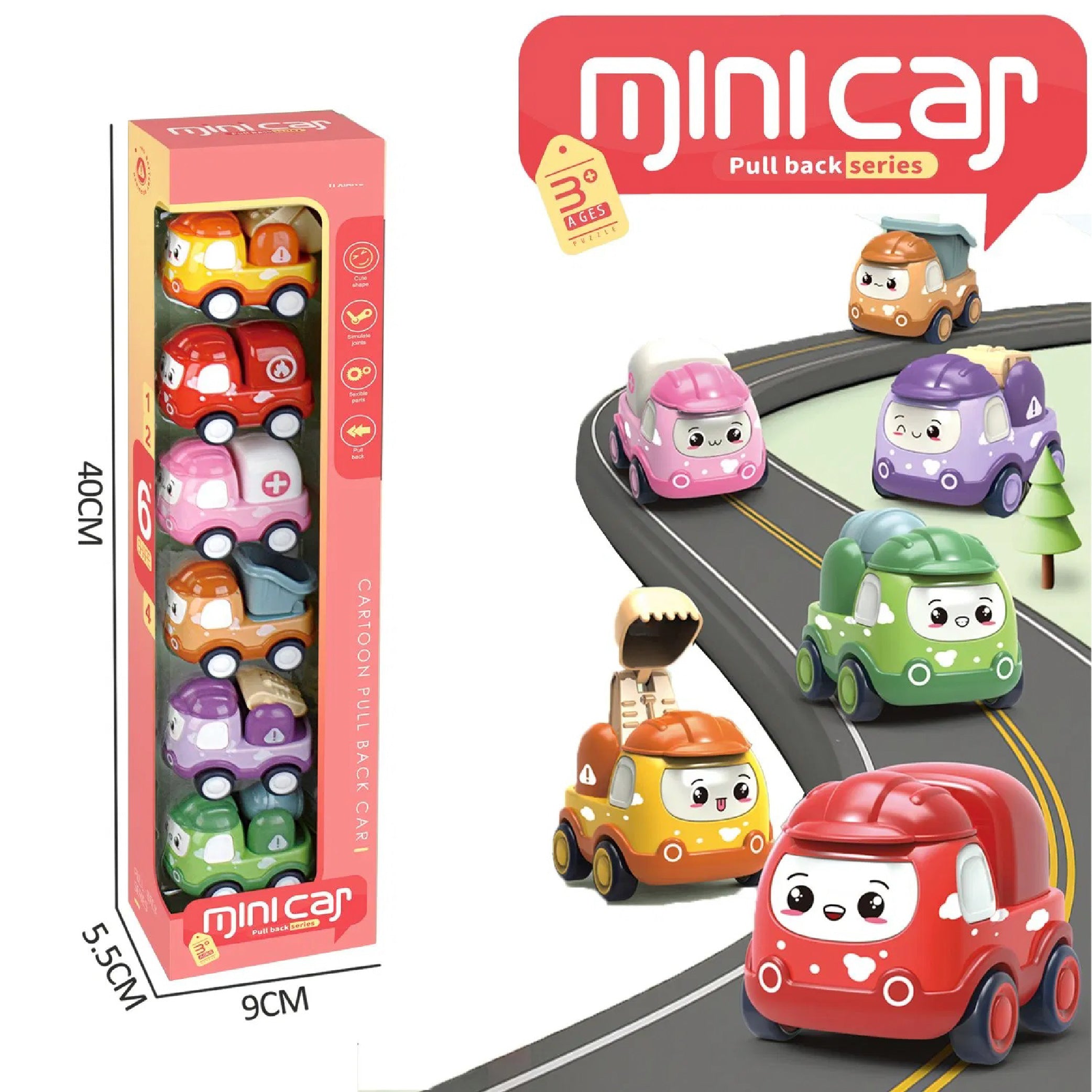 Mini Car Pull Back Series - Set of 6 Cartoon Vehicles for Kids