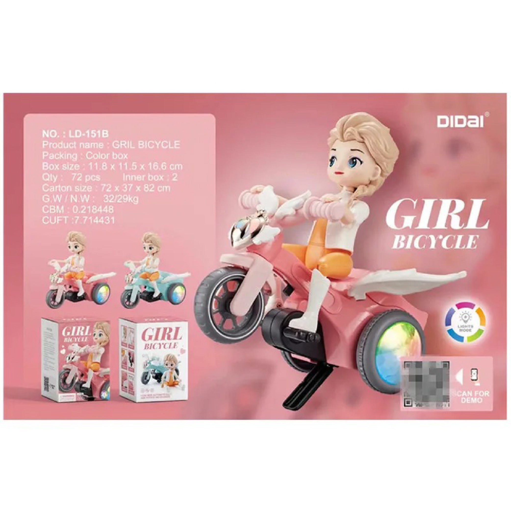 Girl Bicycle Toy with Lights and Music - Stylish Riding Doll on Bike,