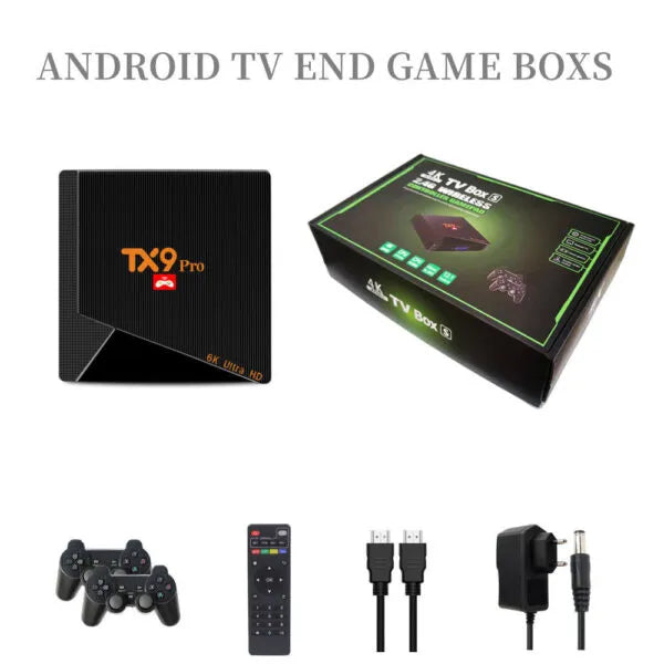 TX9 Pro Android TV box with packaging, remote control, cables, and power adapter - TX9 Pro Smart TV Box – Plug & Play Gaming Console