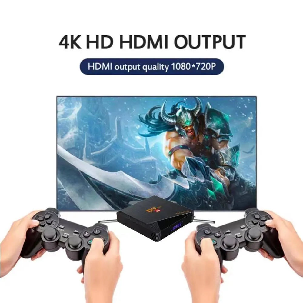 Two hands holding gaming controllers with a TV displaying a video game and text about 4K HD HDMI output. TX9 Pro 4K Android TV Box with 2.4G Wireless Gamepad