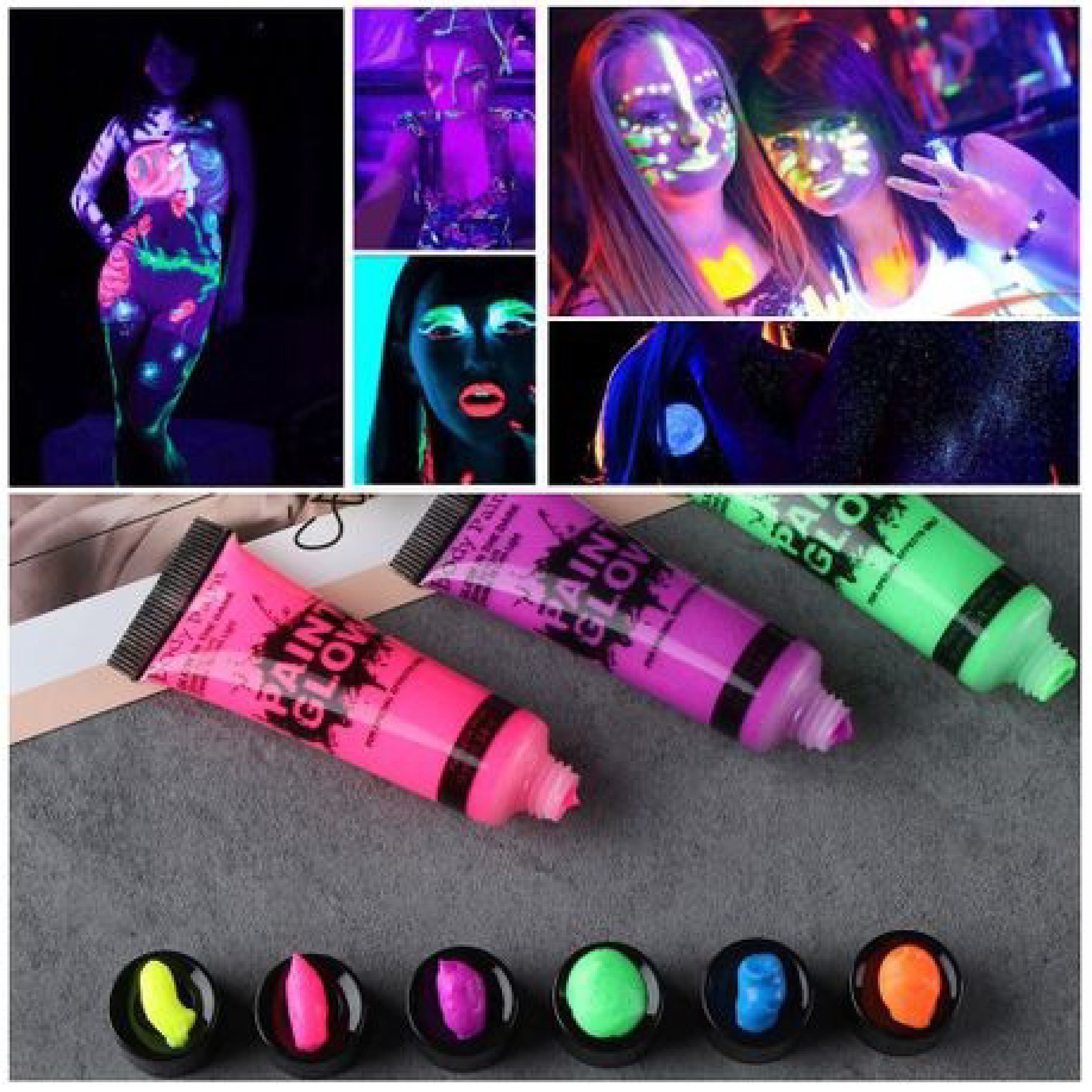 Glow in the Dark Paint - Super Bright Fluorescent Body Art, 6 Color Set