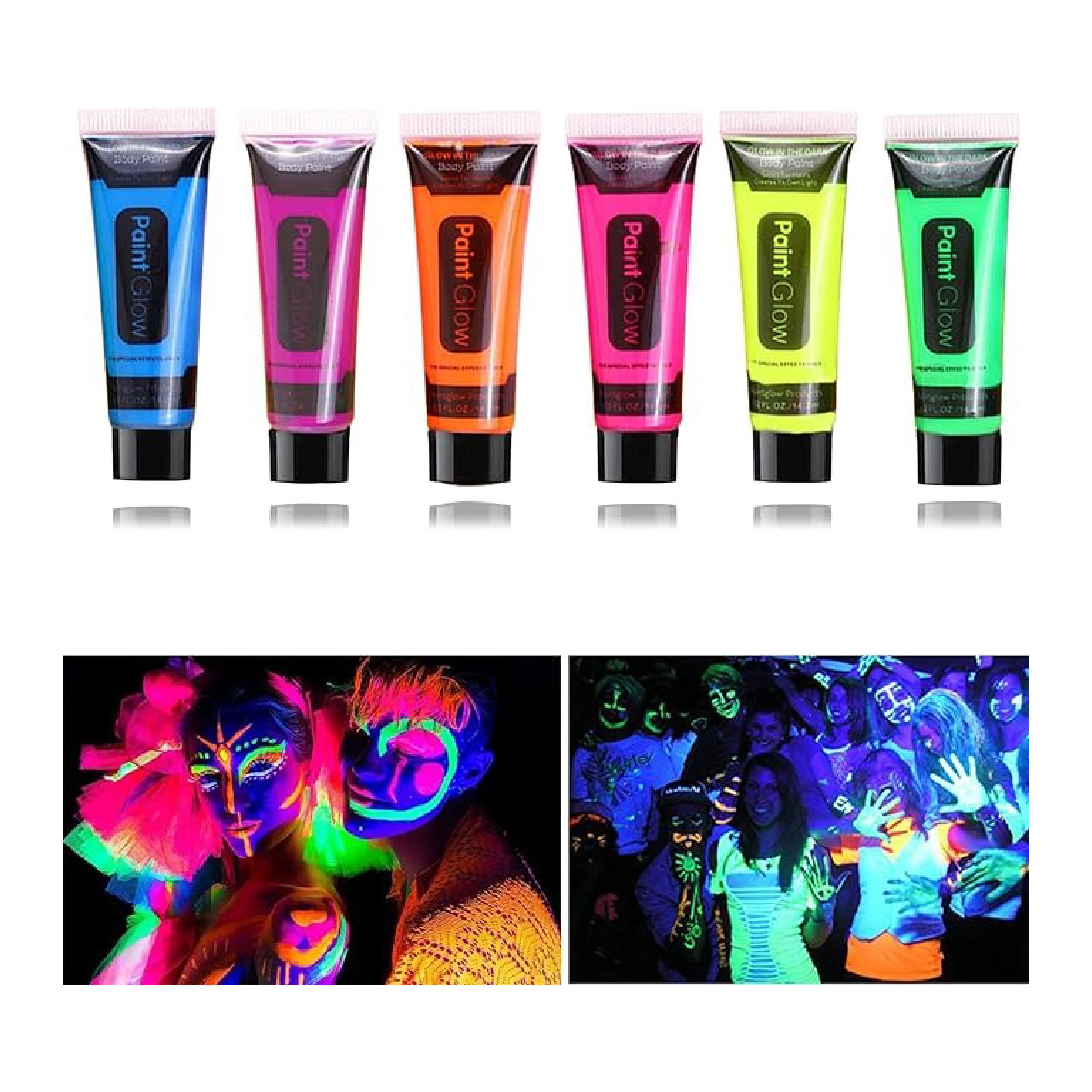 Glow in the Dark Paint - Super Bright Fluorescent Body Art, 6 Color Set